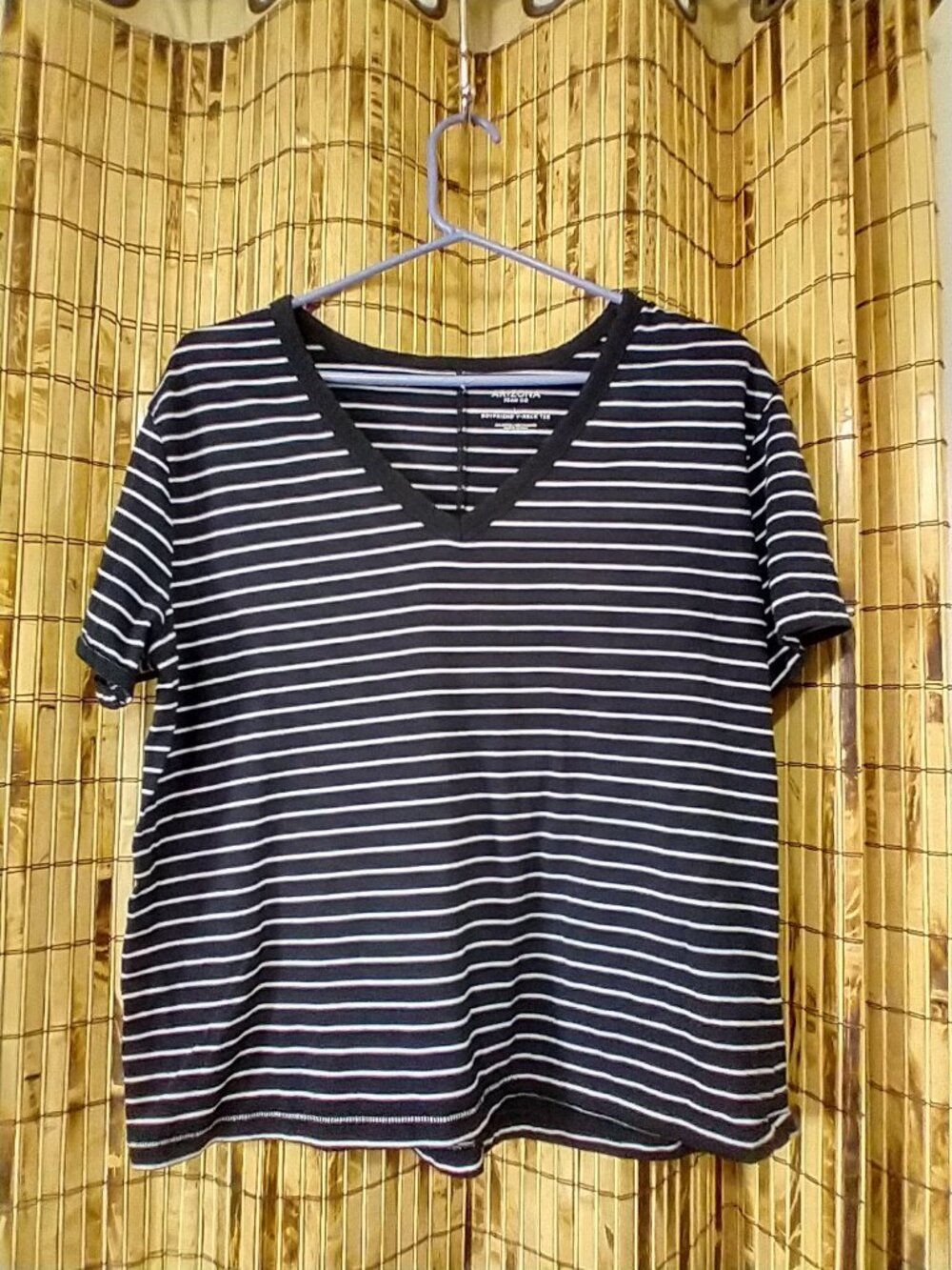 Arizona Jean Co. Black White Striped Boyfriend V-Neck Tee Top Size L